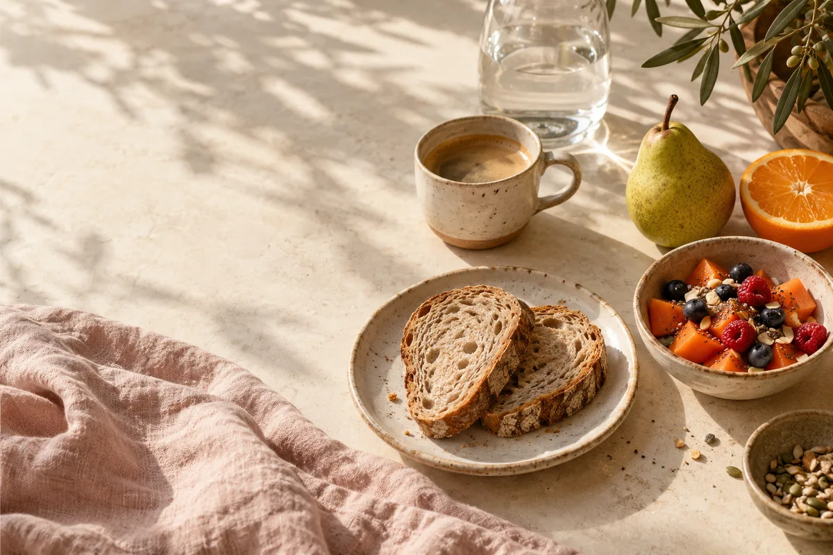 Composição editorial do site da Fernanda: frutas, pão e café sobre uma mesa com linho rosado