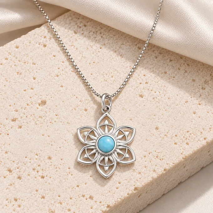 Colar com pingente de flor e pedra larimar azul em uma composição de tecido e pedra