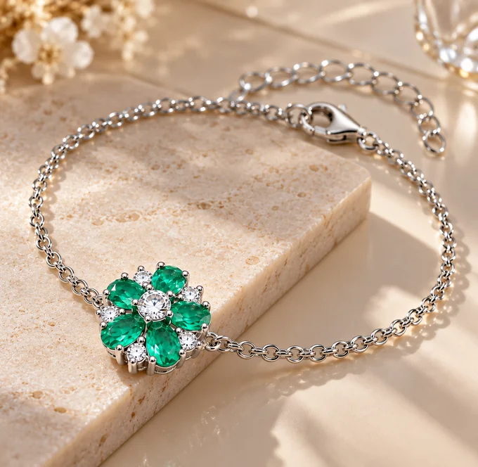 Pulseira com flor de pedras em tom verde e zircônias, sobre pedra clara