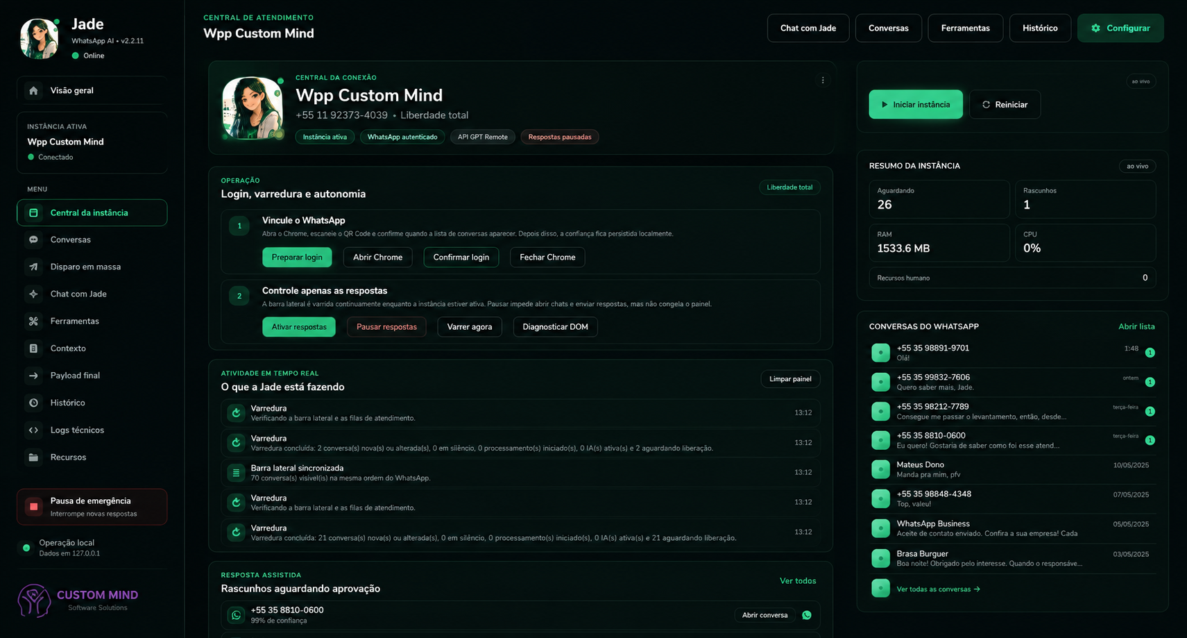 Central real da Jade com atividade, respostas e conversas