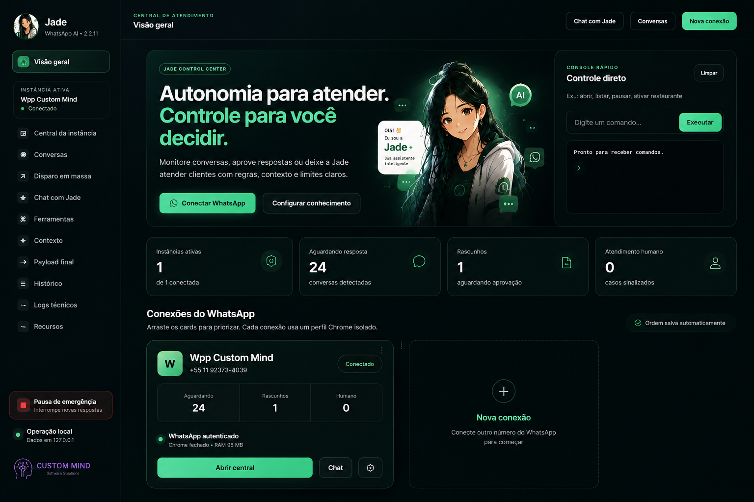 Visão geral real da central de atendimento Jade