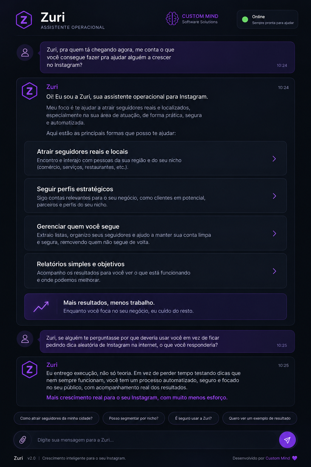 Assistente operacional Zuri apresentando comandos e recursos